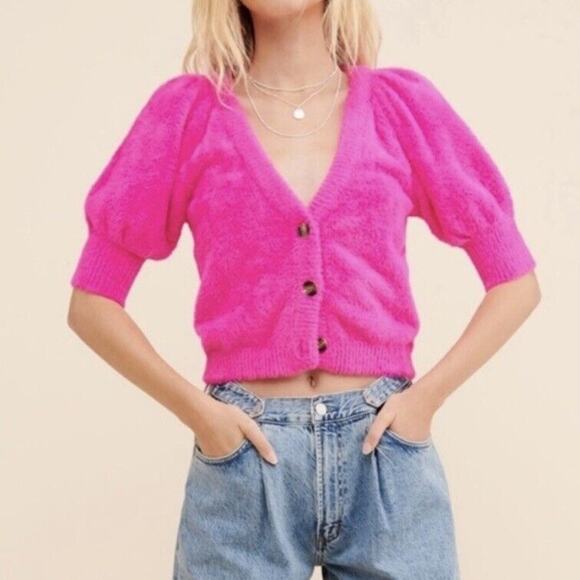 For Love And Lemons Hot Pink Chateau Fuzzy Sweater Size XS - Picture 2 of 10